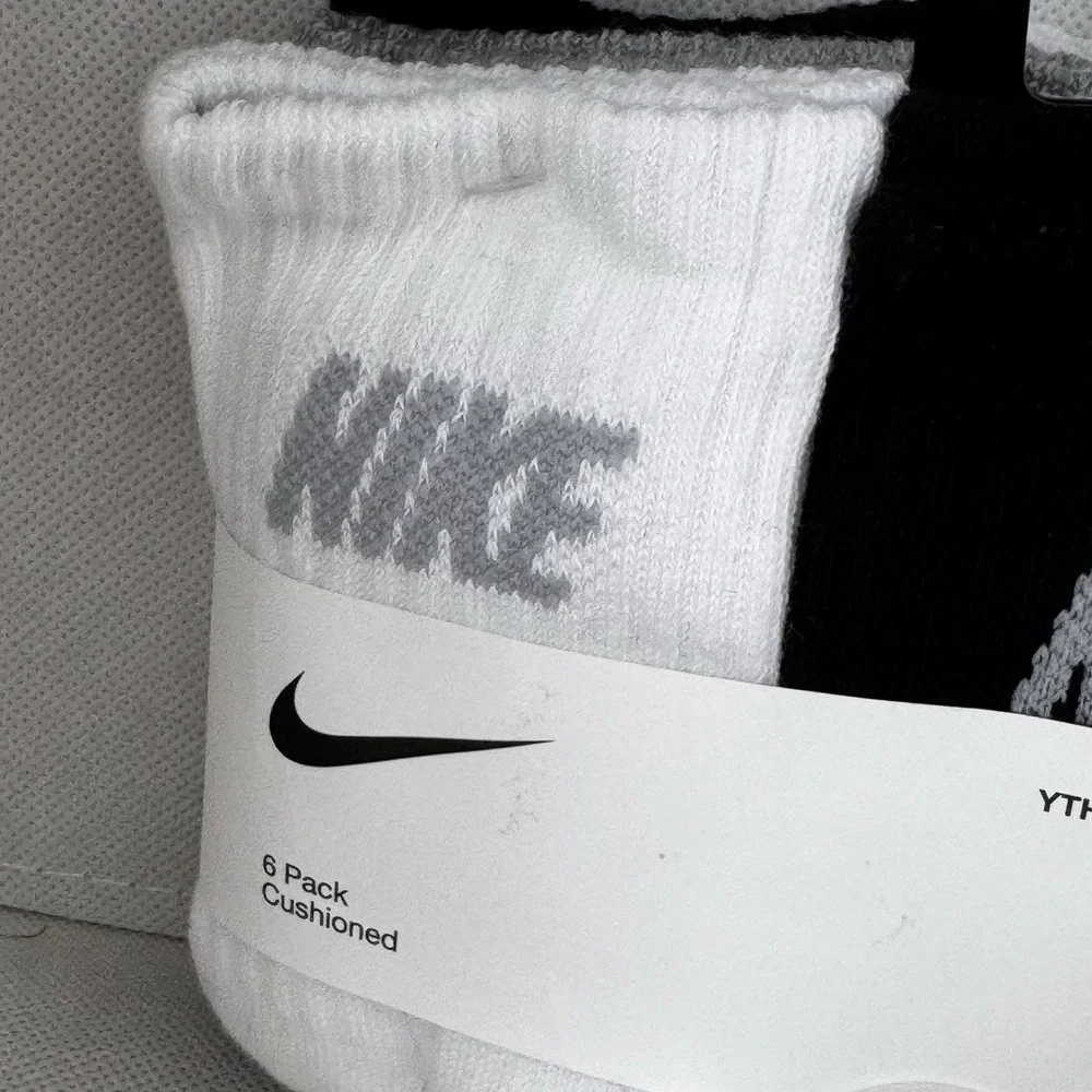 Nike Kids Crew Socks 6 Pairs Cushioned White Black Grey XXS 7C-10C BN0509-042